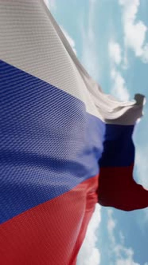 Realistic 3D Russian Flag Waving Seamless Loop Against Blue Sky