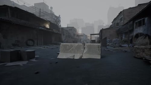 Desolate Urban Street with Concrete Barriers and Abandoned Buildings at Dusk
