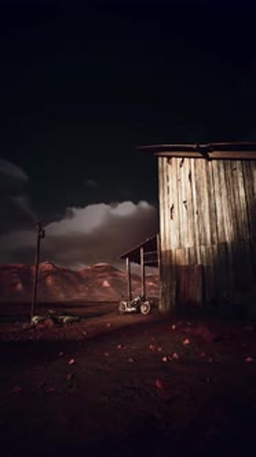 Barn in Field at Night