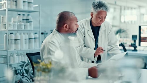 Scientists Collaborating on Research in a Bright Lab