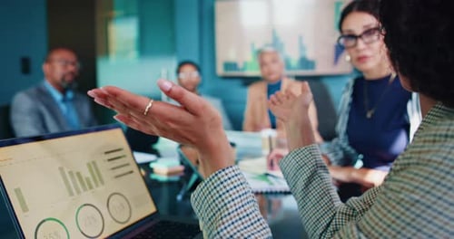 Hands, laptop screen and business people in meeting, graphs for profit growth and stock exchange