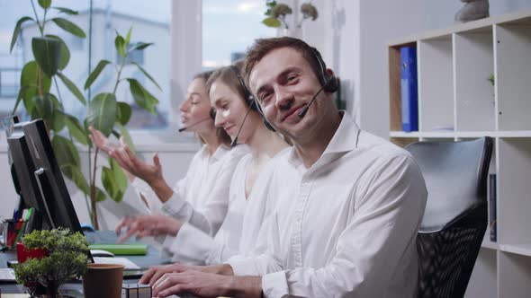 Funny Young People Operator Happy Taking Calls Smile in Call Center ...