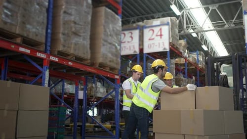 Blue collar workers are working at warehouse.