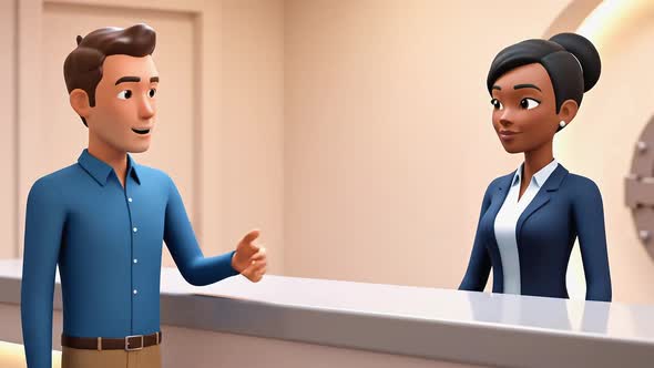Cartoon Bank Interior Scene – 3D Client and Banker Interaction at Desk ...