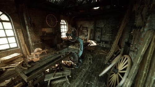 Antiguo taller con herramientas tradicionales y muebles rústicos