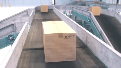 Animated Boxes on Conveyor Belt in Modern Logistics Warehouse