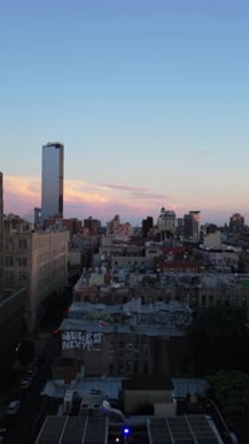 Aerial View of the Setting Sun Over Manhattan's East Village in New York City Golden Light
