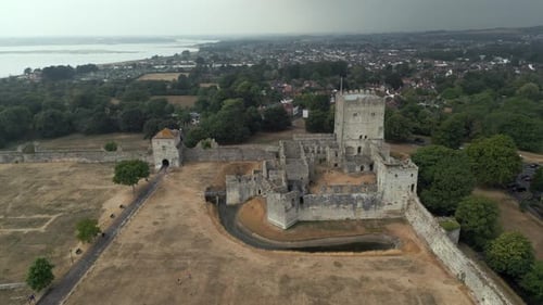 An aerial view of the Portchester Castle, a medieval castle ruin in the county of Hampshire, England