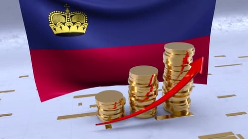Liechtenstein Flag With Gold Coins Tower And Up Arrow
