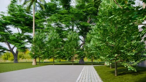 3D Render of Garden with Decorative Rock, Flowers, and Green Trees