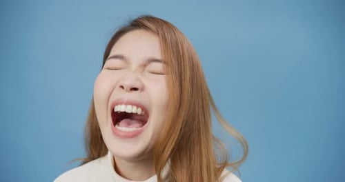 Asia lady wear turtleneck sweater stand over isolate blue background happy face show perfect.