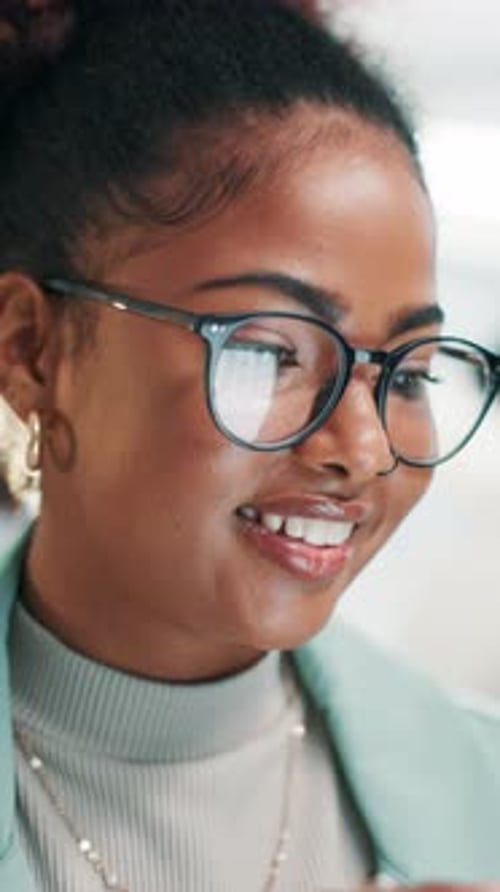 Happy woman, software developer and programming with glasses for problem solving