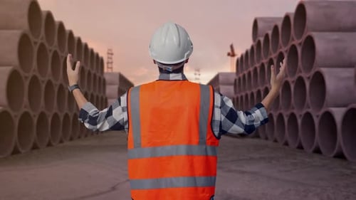 Rückansicht eines männlichen Ingenieurs, der Arme mit Betonrohren spreizt