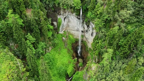 Magical Nature Landscape Waterfall in Mountain Green Forest at Summer Season Beautiful Aerial View