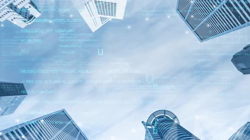 Perspective View of Skyscrapers with Digital Overlays and Blue Sky, Representing Technology and Urba