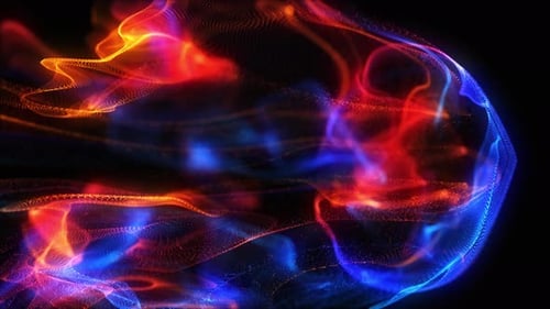 Bright neon glowing fluid background. Fire and ice animation of glowing particles mixing together.