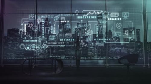 Artificial Intelligence Works on a Startup Scene with Animated Infographics