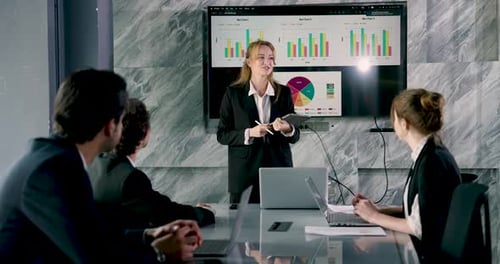 Confident caucasian businesswoman standing in front of digital screen presenting colorful bar chart