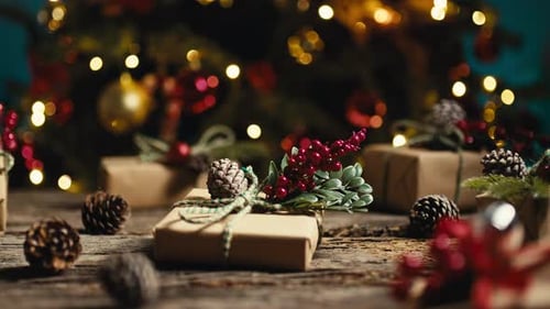 Festive Christmas Gifts and Decorations Close Up Dolly