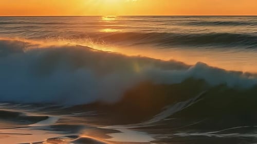 Dramatic ocean sunrise. Waves crashing at dawn