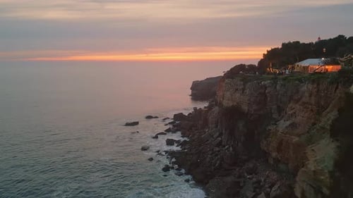 Coastal Sunset Foamy Ocean Splashing Shore Slow Motion Waves Crashing Cliffs