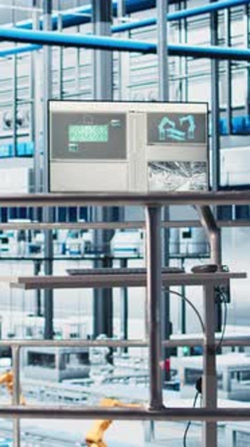 Vertikaler Videomonitor mit industrieller Automatisierungssoftware mit Blick auf Smart Factory