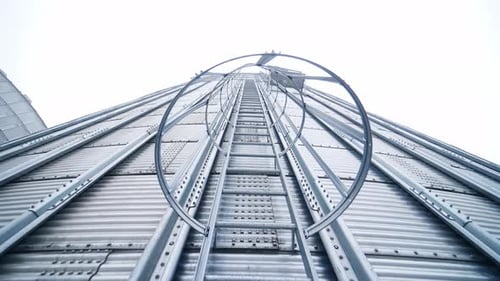 Grain Silo with Ladder in Rural Landscape