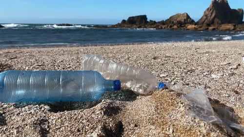 Plastic bottles left on a beach, emphasizing ocean pollution and climate-related environmental issue