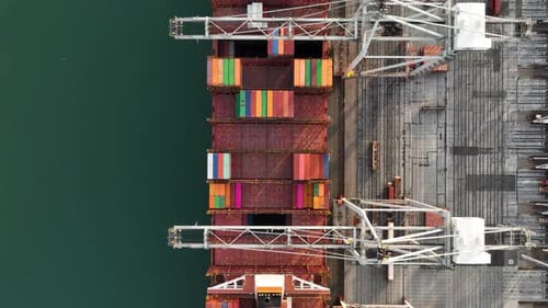 Cargo commercial port. View from a drone. Containers for transporting goods.