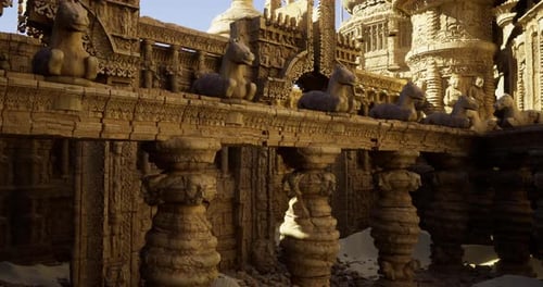 Intricate Stone Carving of Horses Adorning Ancient Temple Architecture