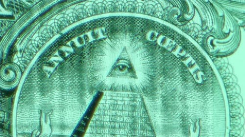 All Seeing Eye of the New World Order and Pyramid on Usa Dollar Banknote Conspiracy Theory Concept