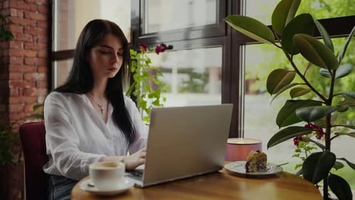 Young Adult Woman Working With Laptop In Cafe In Daytime Portrait Of Female Client Of Coffee Shop