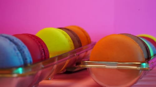 Colorful Macarons Arranged in Row in Close Up