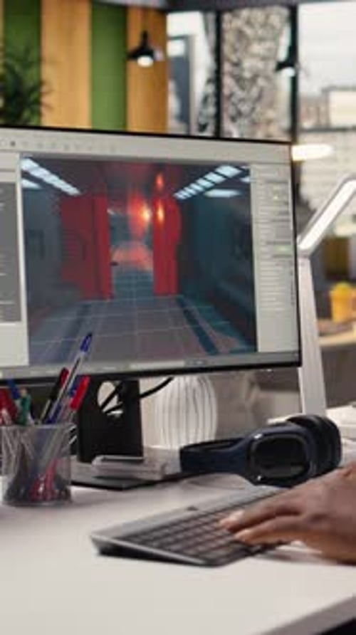 Vertical Video Game Developer Works on Video Game Designing Futuristic Adventure