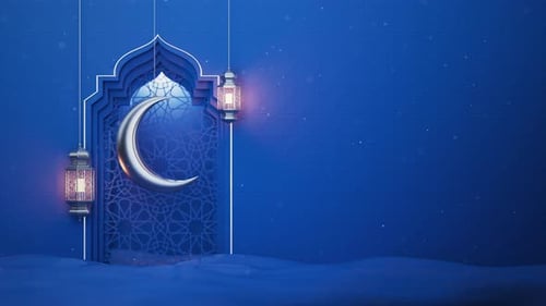 Intérieur islamique bleu avec fenêtre ornée, lune argentée et lanternes, animation Ramadan Kareem