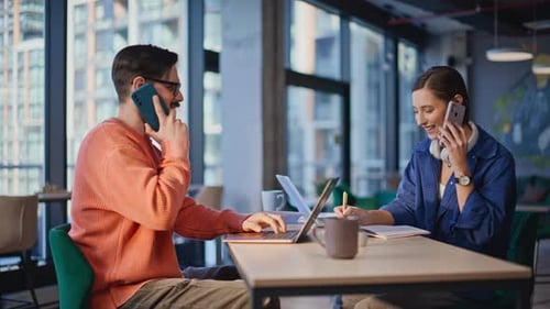 Colleagues Working on Laptops and Talking on Phones