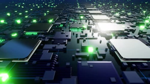 Futuristic Microchip Processor Animation with Digital Data Flow