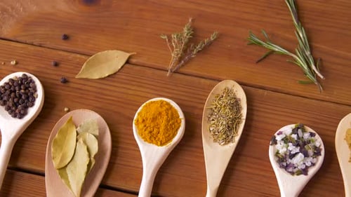Food, Culinary and Unhealthy Eating Concept - Spoons with Different Spices On