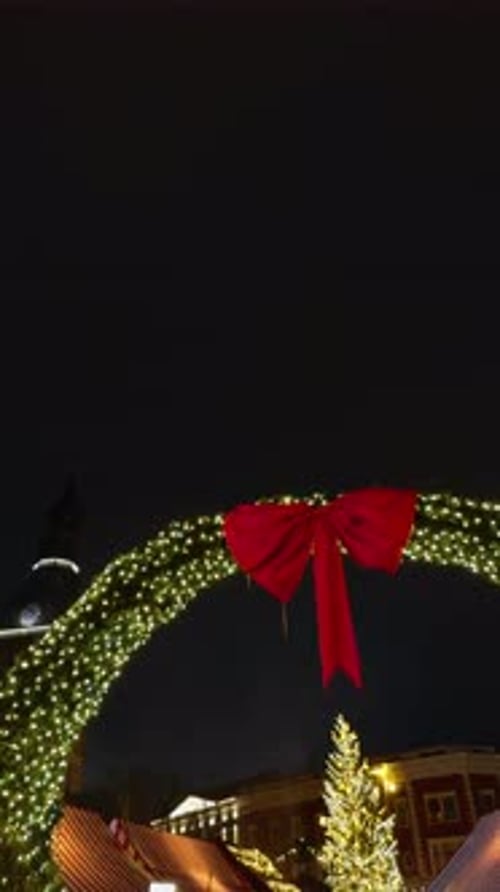 A Festive Holiday Lights Archway with a Red Bow and a Bright Christmas Tree Beautifully Lit at Night