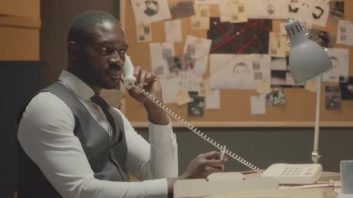 Détective afro-américain parlant sur une ligne fixe au bureau
