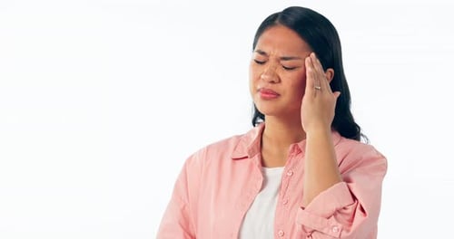 Anxiety, stress and woman in studio with headache, brain fog or mistake