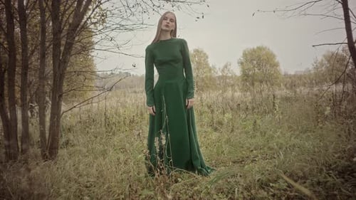Model posing in flowing green dress in autumn field