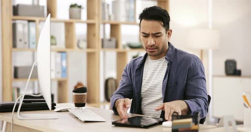 Thinking, businessman at desk with computer and tablet for research for online article