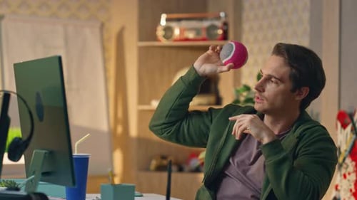 Resting Creators Playing Ball at Room Closeup Two Freelance Guys Having Break