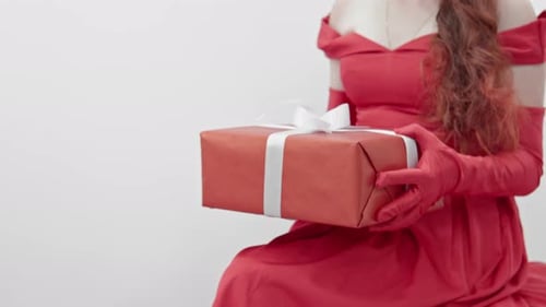Woman in Red Dress Holding Wrapped Present