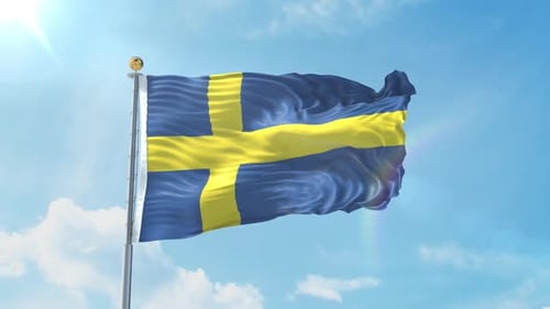 Realistic 3D Animation of Swedish Flag Waving in Blue Sky
