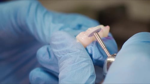 Dental Professional Refining a Tooth Bridge