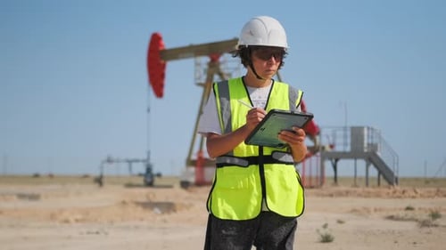 Caucasian Field Inspector Logging Digital Readings on Tablet By Pumpjack Wearing Reflective Vest and