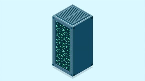 Isometric server animation. Network server room. 3D computer equipment. Storage database