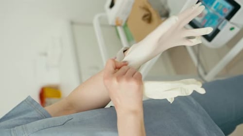 Un gros plan de gants médicaux enfilés